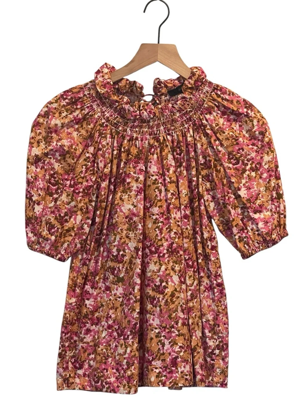J. Crew Smocked Puff-Sleeve Blouse, Ties In Back, Pink Faded Floral, Size XXS